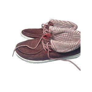Hey Dude Womens Red & White Houndstooth Lace-Up Cuffed Casual Shoes Size 10
